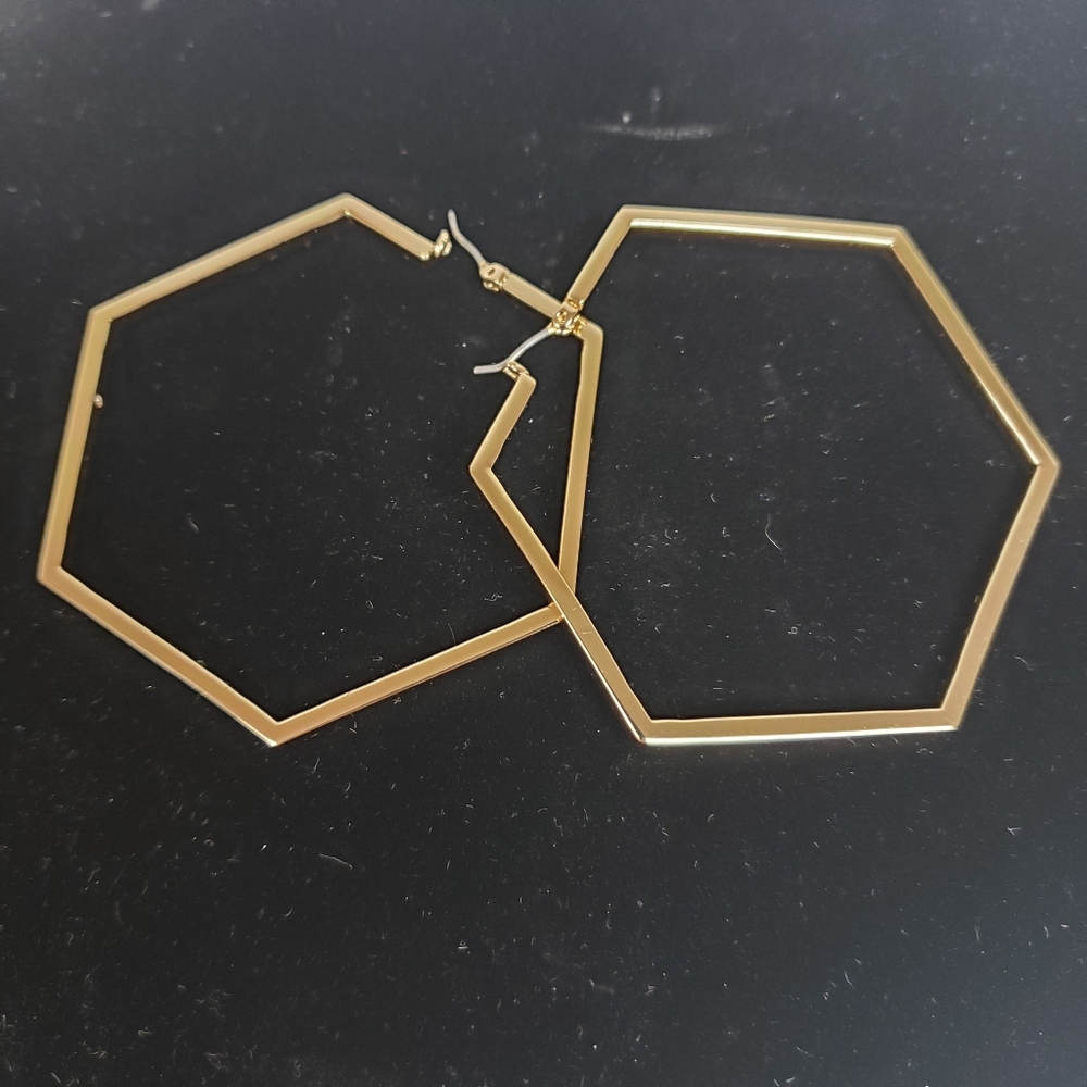 Karl Lagerfeld Signed Crysta Logo Hoop Hexagon Pierced Earring Gold Tone 2.5"